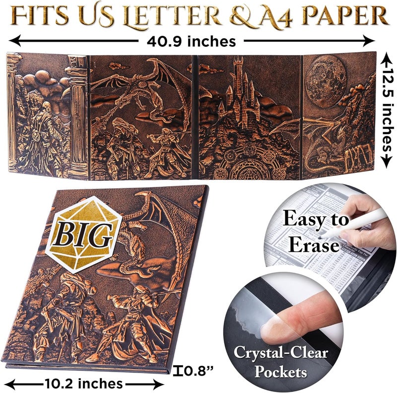 Soar Forge DM Screen for DND with 4 Wider Panels - Stunning Panoramic Battle Scene & Clear Game Master GM Pockets - 3D Embossed Faux Leather Dungeon Master Screen for D&D, RPG (Fits US Letter 8.5 x 11) - Image 4